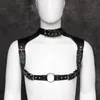 Catsuit kostümler pu deri göğüs kayışı metal göz omuzları erkek kemeri ayarlanabilir