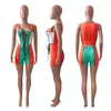 Kvinnors tv￥bitar byxor Ribbade kvinnor 2 stycken kl￤der ￤rml￶s sn￶rning Bandge Slim Crop Top Shorts Color Patchwork Matching Co Ords Sporty