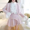 Kvinnors stickor Tees Autumn Winter Beading Blue Tweed 3 Piece Set Women Pearls Short Jacket Coatruffles White Chiffon Shirtmini Pleated Kirt Suit 221117