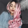 Perruques pour femmes vente Style à la mode partie centrale dégradé rose cheveux longs bouclés grande vague couverture de tête en Fiber chimique