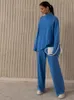 여성 2 피스 바지 가을 여성 솔리드 터틀넥 니트 스웨터 세트 불규칙한 허리 와이드 다리 사무실 여성 패션 트랙 슈트 221117
