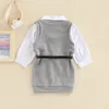 Conjuntos de ropa para niños pequeños, bebés, niñas, traje de otoño, camisa blanca con botones de manga larga, vestido de punto sin mangas gris con cinturón 2 7T 221118