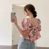 Bluzki damskie szyfonowa koszula kobieta design francuskie kwiatowy kwiatowy krótki rękawo-letni otwarty back bole bluzka