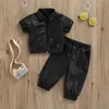 Ensembles de vêtements 2 7Y Enfants Filles Vêtements D'été Bébé À Manches Courtes Revers Zipper Tops Pantalon Lâche Enfants PU En Cuir Tenues 221118