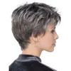 Perruques pour femmes cheveux courts bouclés vieux gris blanc frange oblique partielle soie haute température