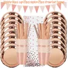 Vaisselle jetable 78pcsset Rose Gold Party Vaisselle Set Tasse Assiettes Pailles Adulte Anniversaire Décor Bridal Shower Supplies 221117