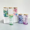 Tazas de vidrio de sublimación con tapa de bambú Paja Espacios en blanco de bricolaje Pretaladrado Doble pared Transparente Vasos en forma de lata Tazas Transferencia de calor 16 oz 25 oz EE. UU. Entrega en almacén