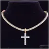 Pendant Necklaces Men Women Hip Hop Cross Necklace With 4Mm Zircon Tennis Chain Iced Out Bling Hiphop Jewelry Fash Dh67A