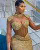 Robes de bal de sirène d'or avec manches longues 2023 col haut Gillter dentelle scintillante perlée robe de soirée africaine Aso Ebi