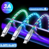 3A كابل متوهج يتدفق LED LED Micro USB Type C Cables لـ Samsung Xiaomi Huawei الهاتف المحمول سلك سلك الشحن