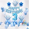 Andra evenemangsfestleveranser 1 Set Blue Pink Crown Birthday Balloons Helium Number Foil Balloon för Baby Boy Girl 1st Party Decorati Dhtno