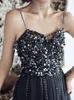 Stunning Gray Evening Dress Long Prom Gowns Spaghetti Tulle with Beading Sequins Party Wearing