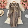 Casual Dresses Autumn Elegant Temperament V-neck Hit Color Office Lady Single-breasted Houndstooth Knitted Stretch Women Clothing 221117