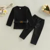 Set di abbigliamento 1 6Y Kid Girls Autunno Inverno Abbigliamento Set Baby manica lunga in maglia con cintura in vita Pantaloni in pelle PU Abiti per bambini 221118