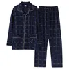 Slaapkleding voor heren Winter 100% katoenen pyjama's voor 2pcs Lounge Blue Plaid Pijama Hombre Home Deskleding Pure Pyjama's Set 221117