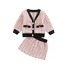 Kleidungssets für Kinder, Kleinkinder, Baby, Mädchen, Sommer-Outfit, elegant, kariert, lange Ärmel, Strickjacke mit Knöpfen, Tops und lässiger Rock, 2-teiliges Set 6 m 4 t 221118