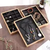 Jewelry Pouches Bamboo Wood Black Velvet 12 Grid Tray Storage Box Bracelet Ring Necklace Display Stand