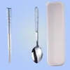 Wheat Straw Handle Stainless Steel Flatware Set Fork Spoon Chopsticks Reusable Lunch Tableware with Box for Picnic