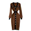 Sıradan Elbiseler Sonbahar Zarif Mizaç V Yağ Hit Renk Ofisi Lady Tek Bravatalı Houndstooth Örme Streç Kadın Giyim 221117