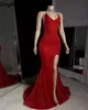 Glinsterende rode lovertjes Mermaid prom jurken aso ebi sexy halter side split formele avondjurken vegen trein backless tweede receptie kerstjurk cl0535