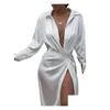 Casual Dresses Casual Dresses 2021 Satin Silk Sexy Dress Long Sleeve Party Women Night Club Soft Autumn Solid Split Turn Down Drop D Dhrmg