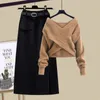 Women's Knits Tees Korean Fashion Spring and Autumn Aging Cross Knit Sweater Thin Skirt Two-piece Elegant Set 221117