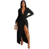 Kvinnor Casual Dresses Split Sexy Deep V Neck Long Sleeve Wash Down Collar Pleated Slit Party Evening Maxi Dress