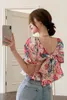Bluzki damskie szyfonowa koszula kobieta design francuskie kwiatowy kwiatowy krótki rękawo-letni otwarty back bole bluzka
