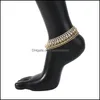 خلخال المثلجة تراهن سوار Sier Gold Wrap Mti طبقة من Anklet للنساء للنساء الموضة الصيفية المجوهرات إسقاط DH6FS