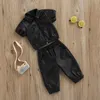 Ensembles de vêtements 2 7Y Enfants Filles Vêtements D'été Bébé À Manches Courtes Revers Zipper Tops Pantalon Lâche Enfants PU En Cuir Tenues 221118