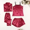 Vêtements de nuit pour femmes 5 pièces fausse soie tache pyjamas ensembles sans coussin de poitrine pyjama sexy fronde shorts manches longues pantalons hauts 221118