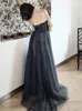 Stunning Gray Evening Dress Long Prom Gowns Spaghetti Tulle with Beading Sequins Party Wearing