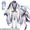 Anime Kostuums Genshin Impact Kamisato Ayato Cosplay Kostuum Uniform Pruik Halloween voor Mannen Spel 221118