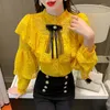 Women's Blouses Oversized Lace Long Sleeve Women Blouse Autumn Hollow Flower Ruffle Shirts Bow Beading Tops Clothing Blusas Mujer 16889
