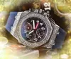 Популярные мужчины бриллианты кольцо часы секундомеры Человек из нержавеющей стали резиновый ремень Бизнес Кварц хронограф батарея Классическая атмосфера наручные часы.