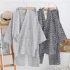 Mäns Sleepwear 2022 Samurai Men Traditionell Kiimoono Pyjamas Set Cotton Wave Print V-Neck Loose Japanese Style Sleepwear Pijama Haori Trousers T221103