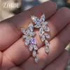 Marquise Cut Cluster Flower Enring Zirconia Crystal Long Dangle Drop أقراط لائحة الزفاف الزفاف للنساء