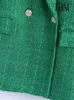 Ternos femininos Blazers Traf Mulheres Moda de Tweed Tweed Green Blazer Coat vintage Manga longa Pockets femininos
