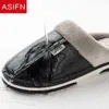 Asifn Men Slippers CottonNonslip屋内靴男性PUレザービッグサイズハウスフール防水暖かいメモリフォーム冬靴J220716