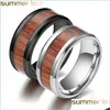 Band Rings 8Mm Tungsten Finger Rings Durable Vintage Titanium Stainless Steel Wood Inlay Ring Jewelry For Men Women 316L Drop Deliver Dhkxo