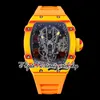 RMF ysf27-03 Mens Watch Real Tourbillon Hand Winding Red Yellow TPT Quartz Carbon Fiber Case Skeleton Dial Orange Nylon Strap Super Edition Sport eternity Watches