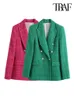 Ternos femininos Blazers Traf Mulheres Moda de Tweed Tweed Green Blazer Coat vintage Manga longa Pockets femininos