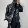 メンズレザーフェイクオリジナルスタンディングカラー機能ショートレザーコート男性韓国ファッションオールマッチルーズカーゴジャケット221119