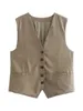 Women's Vests TRAF Women Fashion Front False Welt Pockets Linen Waistcoat Vintage Sleeveless Buttons Female Outerwear Chic Tops 221119