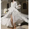 Casual Dresses Elegant White Printed Maxi Dress Holiday Lantern Sleeve Ruffles Kvinnliga oregelbundna sk￤rmar 2022 Summer High midja