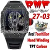 RMF YSF27-03 MENS Watch Real Tourbillon Mechanical Ręka kręta Czarne TPT Wszystkie włókno węglowe szkielet szkielet czarny gumowy pasek Super Edition Sport Eternity Watches