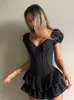 Casual Dresses Fashion V Neck Ruffles Pleated Dress Women Puff Sleeve Chic Black Summer Dress Party Hollow Out Vintage Corset Ladies 221119