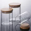 ガラス貯蔵瓶は、気密の竹のふたが積み重ね可能なキッチンキャニスターを備えた透明なガラス食品保管容器