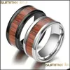 Bandringe 8mm Wolfram Fingerringe Langlebig Vintage Titan Edelstahl Holz Inlay Ring Schmuck Für Männer Frauen 316L Drop Liefern Dhkxo