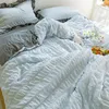 Yatak Setleri Kız Kalp Seti Seersucker Yıkalı Pamuk Dört Parçalı Basit Saf Renk Dantel 2m Yorgan Kapak Sayfası